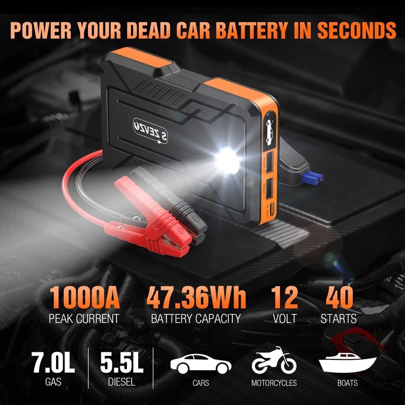 S ZEVZO 1000A Peak Portable Jump Starter 12V Auto Battery