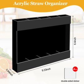 Acrylic Straw Holder Organizer Reusable Straw Dispenser with Double Sided Adhesive for Drinking Straws Storage - Ideal or Kitchen Cabinet Counter Cupboard (Black)
