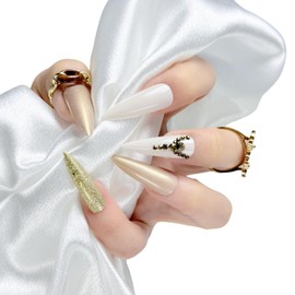 Nailsclupt Press On Nails - Almond Nude Base Fake Nails with Sparkling Diamond Vibe and Luxurious Gold Accents | 24 Nail Kit - 12 Sizes with 48 Jelly Tabs | Reusable Durable Easy-Removal False Nails