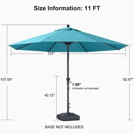 PURPLE LEAF 11' Round Patio Umbrella Outdoor Table Umbrella Aluminum Frame Market Umbrella Sun Umbrella with 8 Sturdy Ribs for Garden Deck Lawn Pool Turquoise Blue