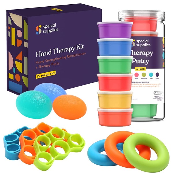 Special Supplies Physical Hand Therapy Putty Kit, Finger Exercisers, and Hand Strengtheners, 15 Set, Improve Grip Strength, Dexterity and Mobility, Supports Injury and Recovery Stress Relief, Kids and Adults