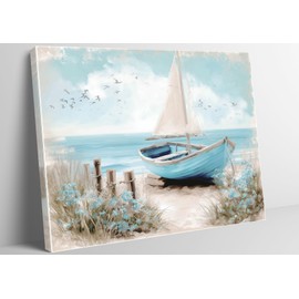 Coastal Wall Art Beach Boat Canvas Print Nautical Seascape Painting Ocean Blue Rustic Cottage Decor for Living Room Bedroom Bathroom Office Coastal Theme Home Decorations 12x16 Inch
