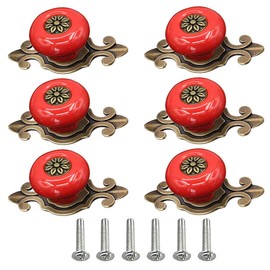 POFET 6pcs Round Ceramic Dresser Drawer Cabinet Knobs Vintage Door Handle Ceramics Furniture Pulls for Kitchen Wardrobe Cupboard Kids Room Decorative - Red