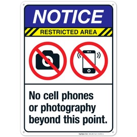 Sigo Signs - No Cell Phones Or Photography Beyond This Point Sign, ANSI Notice Sign, 10x14 Inches, Rust Free .040 Aluminum, Fade Resistant, Indoor/Outdoor Use, Made in USA