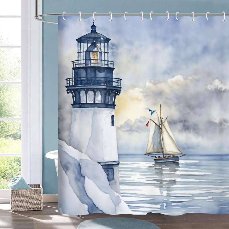 Coastal Lighthouse Shower Curtain for Bathroom, Ocean Nautical Sunrise Beach
