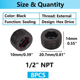 Hmknana 8PCS 1/2"NPT Male Pipe Plug Fitting Black Carbon Steel Pipe Plug Set Internal Hex Thread Socket for Sealing Pipe Port H-084-8PCS