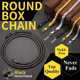 Black 4MM Square Box Chain Necklace for Mens 24", Men Jewelry