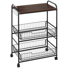 Walnut 3-Tier Modern Kitchen Trolley Versatile Portable Storage with Eco-Friendly Metal and Plastic Basket Drawers Iron Framecolor: default Color