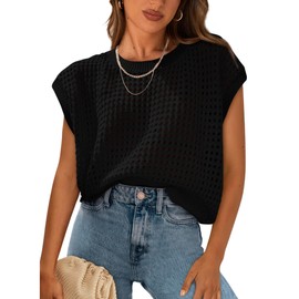 PRETTYGARDEN Womens Summer Tops 2025 Spring Sweater Pullover Crochet Hollw Out Cap Sleeve Crew Neck Knit Beach Cover Ups(Black,Large)