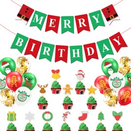 Merry Christmas Themed Birthday Party Decorations Happy Birthday Xmas Banner Red and Green Glittery December Xmas Birthday Party Supplies
