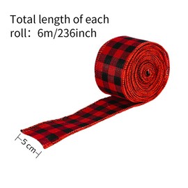 2 Rolls Plaid Burlap Ribbon Wired Edge Ribbons Christmas Wrapping Ribbon Gingham for Xmas Tree Wreath Gift Decoration (Red Black and Black White)