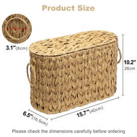 Toilet Paper Storage Basket with Lid, Narrow Bathroom Organizer for 6 Mega Rolls, Waterproof Wicker Look Plastic Basket with Handles, Toilet Tank Top Holder, Farmhouse Bathroom Storage Bin (Linen)