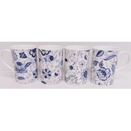 Blue Persia Mugs Set of 4 Fine China Classic Oriental Blue & White Flowers Floral Windsor Cups Hand Decorated in UK