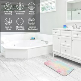 ConCus-T Rainbow Bath Mat Rainbow Rug for Girls Bedroom Shag Faux Fur Colorful Fluffy Rainbow Rug Tie-Dye Mat for Tub Living Room, 40 X 60cm