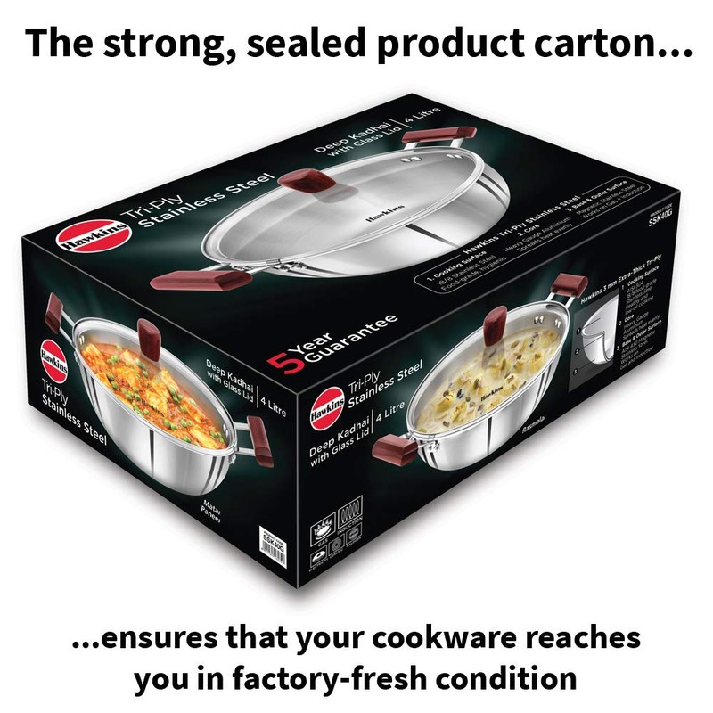 Hawkins 4 Litre Deep Kadhai, Triply Stainless Steel Kadai with