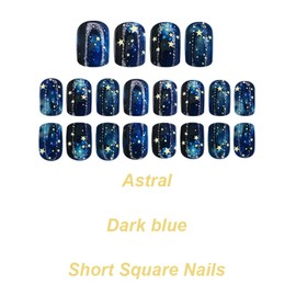 Gold Stars Press on Nails 24Pcs Milky Way Acrylic Short Square Fake Nail Starry Sky Stick on Fingernails Glossy Dark Blue Gradient False Nails Universe Gel Glue on Nail for Coquette Women Girls