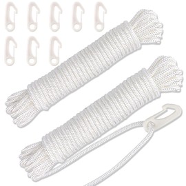 Jognee 24 m Flagpole Rope with 8 Flag Hooks, Diameter 6 mm, Flagpole Rope, Weatherproof and UV Resistant, White Nylon Flag Rope, Flagpole Rope Set for Garden, Home, Tent, Outdoor Camping