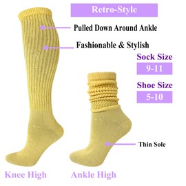 AWS/American Made 6 Pairs Colorful Scrunch Socks Shoe Size 5 to 10 (White-Forest Green-Limone-Aqua Green-Beige-Hibiscus)