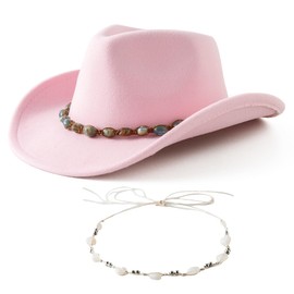 Jastore Western Cowboy Hat for Kids Girl Boy Classic Fedora Hat Felt Cowgirls Hats with Two Decorative Bands (US, Age, 6 Years, 12 Years, Light Pink)