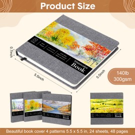 Tenceur 4 Pcs 5.5" x 5.5" Watercolor Sketchbook Journal Square Watercolor Notebook Cold Press 140lb 300gsm Cotton Paper 48 Pages Journals Notebook Paper Pads End of The Year Gifts