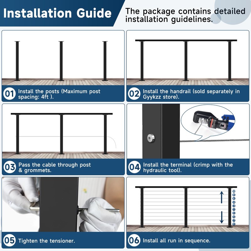Gyykzz 36" Black Cable Railing Post, Fixed Top Level Drilled