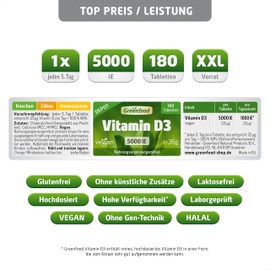 Vitamin D3, extra high dose, 5000 iU - 180 tablets, vegan. 5-day ration - for immune system, bones, muscles and teeth. Without artificial additives - laboratory tested. From Greenfood.