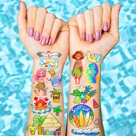 Zayvor 132 Piece Kids Temporary Tattoos, Hawaiian Luau & Tropical Beach Party Tattoos, Summer, Flamingo, Hibiscus Flowers,Palm Trees, Pineapple, Tiki Mask,Coconuts