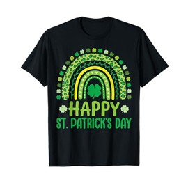 Happy St Patricks Day Shamrock Rainbow Leopard Women Girls T-Shirt