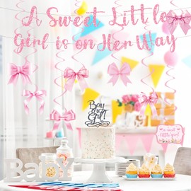 Welcome Baby Banner for Pink Bow Baby Shower Decorations A Sweet Little Girl is on Her Way Banner and Hanging Swirls Decor for Sweet Girl Gender Reveal Party Photo Props Coquette Theme Party Supplies