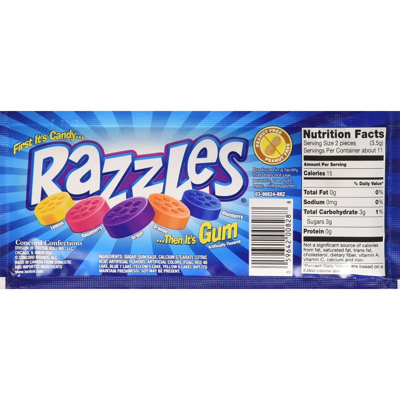 Original Razzles Candy/Gum, Box of 24 1.4-Ounce Bags