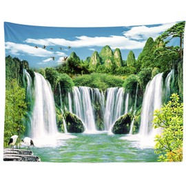 BELECO Mountain Waterfall Tapestry Wall Hanging 70x47 Inch Green Mountain Trees Lake Nature Art Tapestry Asian Landscape Tapestry for Bedroom Living Room Dorm Decor Home Decorations