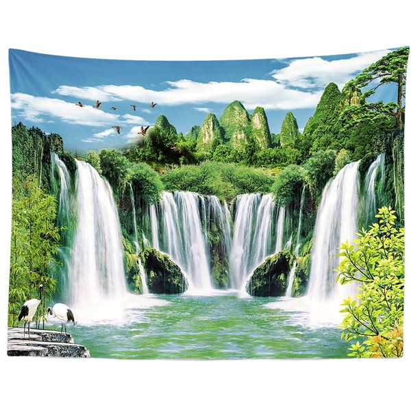 BELECO Mountain Waterfall Tapestry Wall Hanging 70x47 Inch Green Mountain