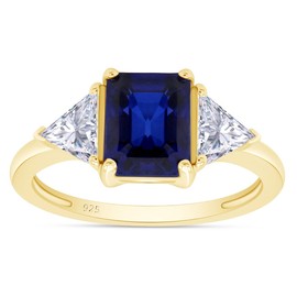 AFFY 14k Yellow Gold Over Sterling Silver Emerald Cut Blue Sapphire With Trillion White Topaz Ring Jewelry For Womens Ring Size-6