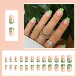 Medium Square Press on Nails St. Patrick's Day Fake Nails Pink Acrylic Nails with Green French Curve Clover Irish Designs Artificial Glossy False Nails Stick Glue on Nails for Women and Girls 24Pcs