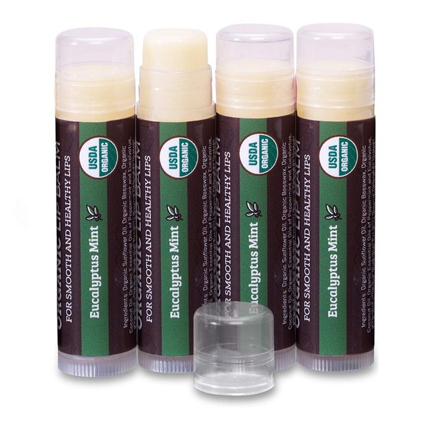 USDA Organic Lip Balm 4-Pack by Earth's Daughter - Eucalyptus Mint Flavor, Beeswax, Coconut Oil, Vitamin E - Best Lip Repair Chapstick for Dry Cracked Lips.