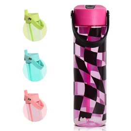 Elemental Splash Water Bottle with Straw - BPA-Free Tritan Plastic Reusable Water Bottle with Strap - Ideal for Travel, Gym and Sports - Leak Proof when Spout is Closed - 26 oz - Pink Checkers