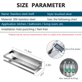 GEINIFAFA Rustproof Metal Storage Floating Shelves Wall Mounted Rectangular Shelf for Bedroom,Bathroom, Living Room, Kitchen, and Laundry Room,Nail-Free Wall-Mounted Shelves（11.8 Inch Silver）