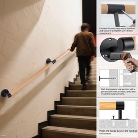 Purife 7 FT Wooden Stairs Handrails Wall Mount- Metal Support Wood Staircase Handrails, Interior Stair Railings, Banister Hand Railing, Outdoor Grab Bars Safety Handle for Elderly or Handicap