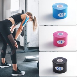 Carehabi - Kinesiotape, Sports Tape for Muscles, 5 m x 5 cm, 3 Rolls (1 x Blue, 1 x Pink, 1 x Black) Kinesiotapes Waterproof & Elastic for Sports