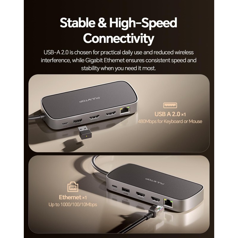 PULWTOP MacBook Pro Docking Station Dual Monitor 4K@60Hz for MacBook