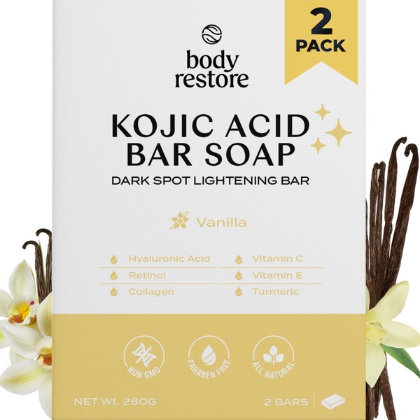 Body Restore Kojic Acid Soap, (Vanilla 2 Pack), with Vitamin C,E, Shea Butter, Collagen, Hyaluronic Acid, Turmeric, Retinol For Dark Spots, All Natural Soap Bar, Paraben Free