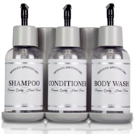 Artanis Home Wall-Mounted Shampoo Dispenser 3 Chamber Bracket, Tamper-Resistant, 8 oz Plastic Pump Bottles with Modern Apothecary Design