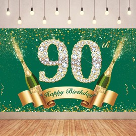 6x3.6FT Green Gold 90TH Birthday Banner Party Decorations, Green Gold 90TH Happy Birthday Backdrop Decorations for Party Decorations Supplies.