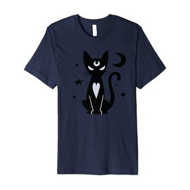 Gothic Witchy Black Cat with Moon Mystical Stars Night Art Premium T-Shirt