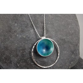 Rock Pool Enamel Pendant on a long chain - solid 925 enamel pendant - sea blue necklace - hammered silver - beach lovers jewellery - handmade in Cornwall
