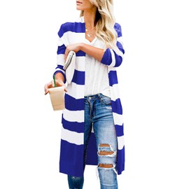 CARDYDONY Women Striped Long Cardigan Open Front Sweater Top Stripe Royal Blue XL