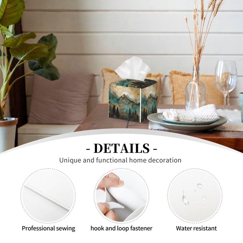 Square Tissue Boxes(5.2"x5.2"x5.2"), Mountains Trees Landscape Sunrise Tissue Holder Decor