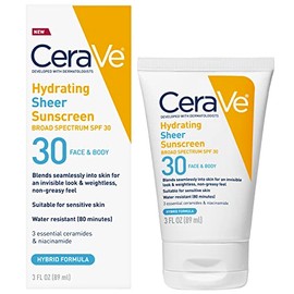 CeraVe Hydrating Sheer Sunscreen SPF 30 for Face and Body | Mineral Sunscreen & Chemical Sunscreen with Zinc Oxide, Hyaluronic Acid, Niacinamides and 