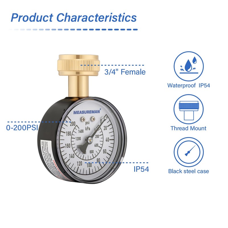 MEASUREMAN 0-200 PSI Water Pressure Gauge, 2-1/2'' Dial, Hose bib