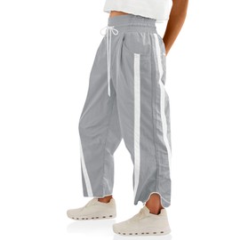 Fisoew Women's Baggy Wide Leg Pants Casual Drawstring Elastic Waisted Contrast Color Workout Y2K Track Pants Light Grey
